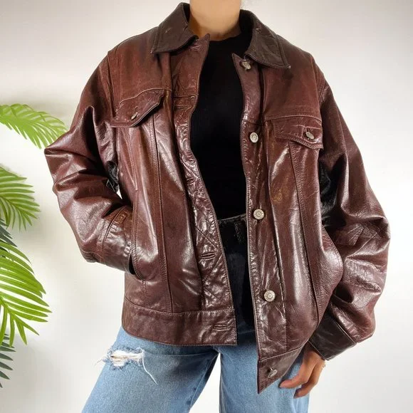 Vintage 90s Grunge Streetwear Brown Indie Biker Bomber Leather Jacket / Size: 2X - Picture 7 of 8